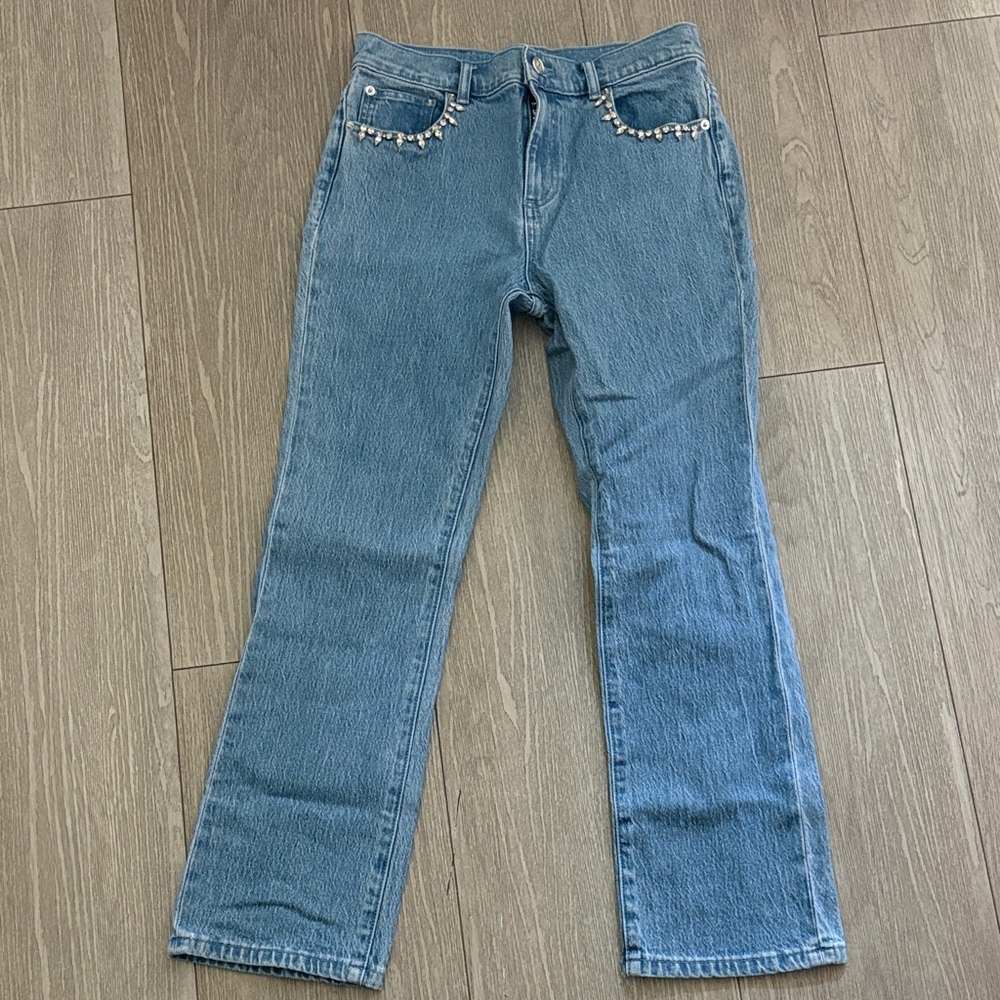 Milly Light Blue Straight-Leg Jeans with Beaded Pocket Trim size 26